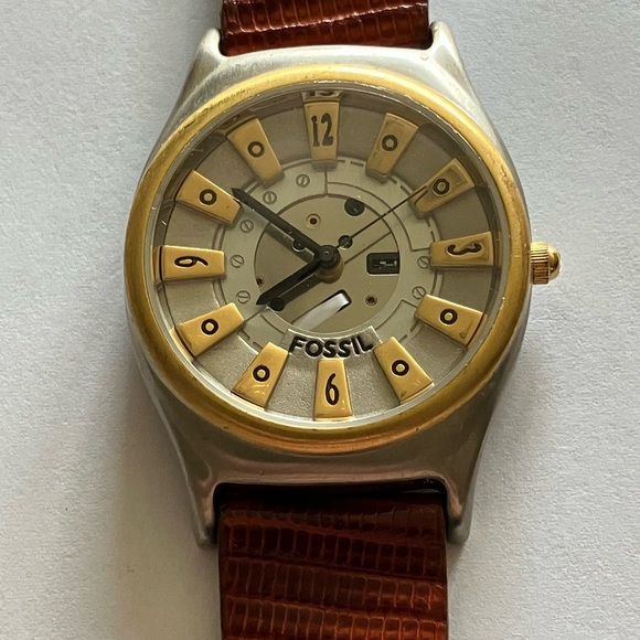 Vintage Fossil JR-7560 Steampunk Leather Band USA Men's Watch Brown / Gold - Picture 1 of 8